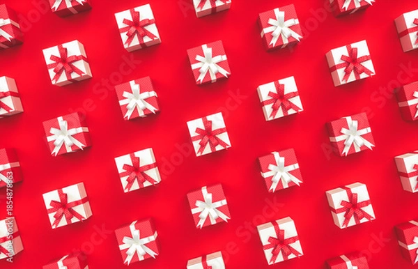 Fototapeta Christmas gift box pattern on red background. 3d rendering