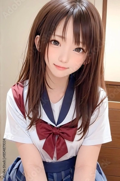 Obraz リボンのついた制服姿の女子高生