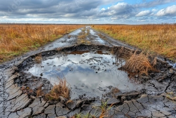 Obraz A cracked road surrounded by dry grass and water puddles reflects the sky, highlighting an environment impacted by weather and erosion.