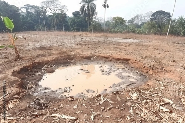 Obraz A dry landscape with a small puddle of water surrounded by dirt and vegetation, indicating a lack of moisture or recent rainfall.