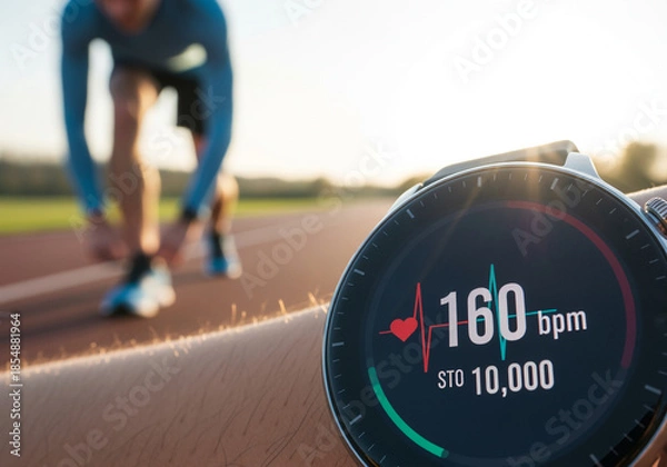 Obraz Runner checking heart rate on smartwatch during training