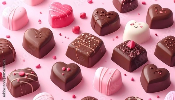 Obraz パステルピンクに映える可愛い顔付きチョコレートの詰め合わせ：バレンタインやSNS向け背景素材