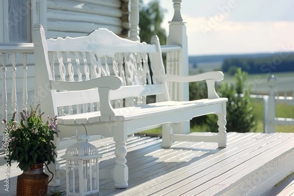 Obraz A charming white bench sits on a wooden porch, surrounded by greenery and sunlight, creating a serene outdoor space perfect for relaxation.