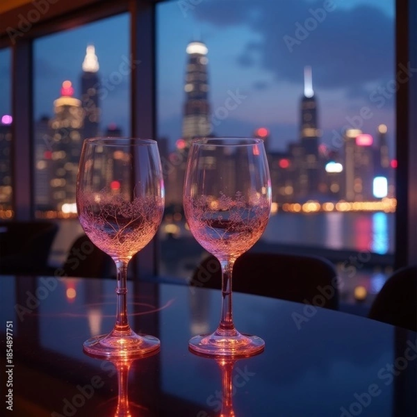 Obraz Wine glasses overlooking city lights