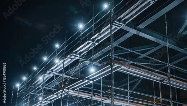 Obraz 夜間照明に照らされた建設現場の足場構造