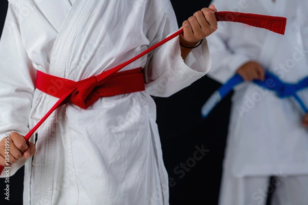 Obraz Detail from a karate training, with two boys in karate uniforms showing hand stance and belt knot against black background.