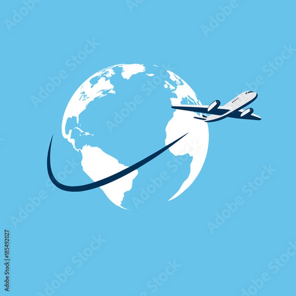 Fototapeta Airplane flying around earth map