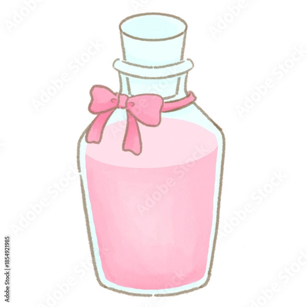 Obraz 手描きの水彩風のリボン付き小瓶線画イラスト ギフトや想いを閉じ込める象徴的モチーフ 手描き風ミニマルラインアート素材