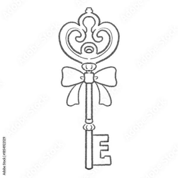 Obraz 白黒の鍵とリボンの線画イラスト 想いや約束を象徴するシンボリックモチーフ ギフトやストーリー表現に使える手描き風ラインアート