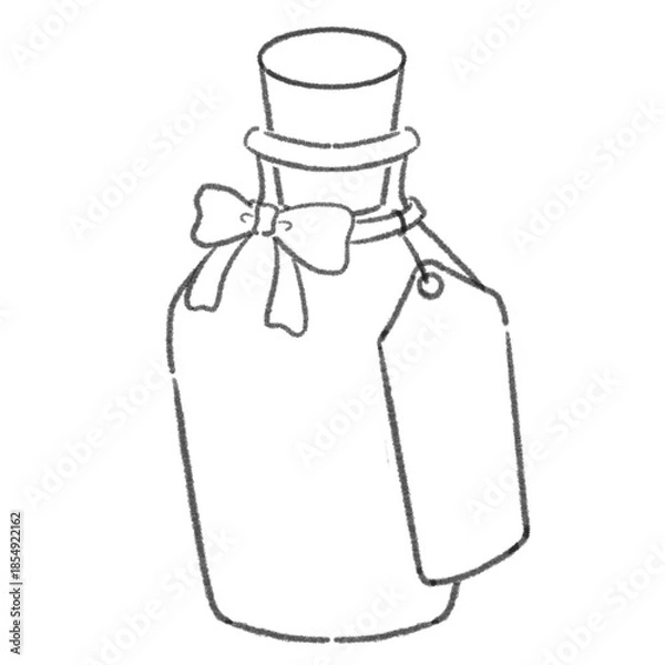 Obraz ブラックインクで描かれた白黒のリボン付き小瓶線画イラスト ギフトや想いを閉じ込める象徴的モチーフ 手描き風ミニマルラインアート素材