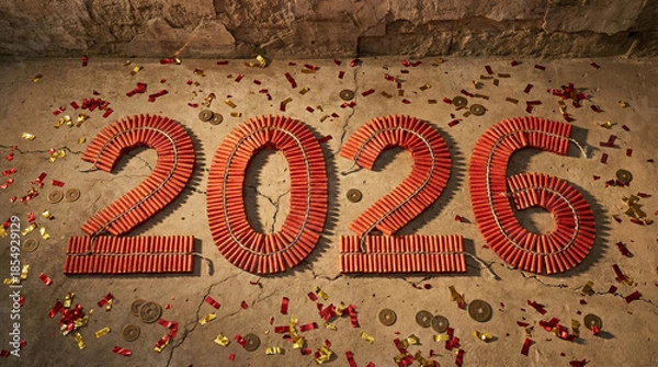 Obraz High angle view of the year 2026 formed by arranged red firecrackers on mossy stone pavers, scattered with gold confetti and Chinese coins to symbolize luck and fortune for the Lunar New Year.
