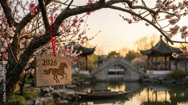 Obraz Scenic view of a wooden plaque carved with the year 2026 and a horse, hanging from a blooming plum blossom branch overlooking a misty lake and traditional pagoda.