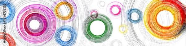 Fototapeta Multicolor doodle rings orbiting tidy minimal shapes