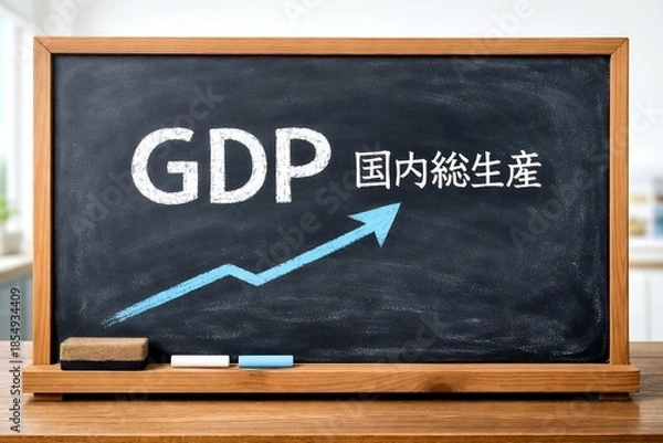 Obraz GDP国内総生産の成長を黒板と上昇グラフでわかりやすく示す経済解説イメージ