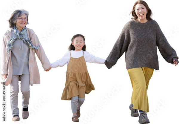 Obraz 公園で一緒に娘と手を繋ぐちょっと高齢のママと祖母(おばあちゃん）背景透明の切り抜き