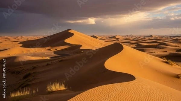 Fototapeta A serene desert landscape with sand dunes under a cloudy sky at sunset