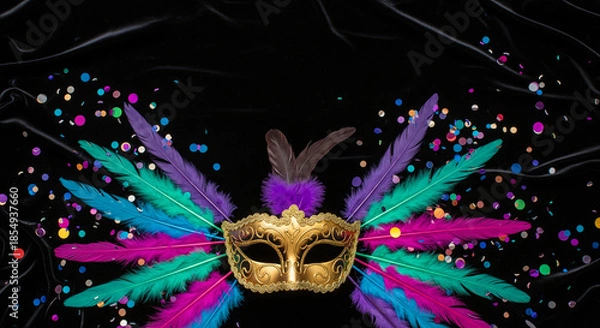 Obraz Festive Mardi Gras mask with traditional green, gold and purple feathers on black satin fabric. Mardi Gras celebration features colorful decorations and masquerade ball elements.