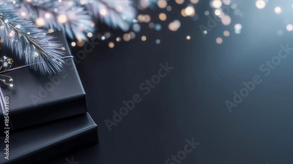 Obraz 高級感のある黒いギフトボックスと輝くイルミネーションのクリスマス背景