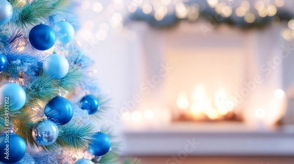 Obraz 暖炉の前の青いオーナメントで飾られたクリスマスツリーのクローズアップと背景のぼけ