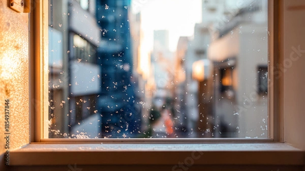 Obraz 雪のついた窓ガラス越しに見る夕暮れ時のぼやけた都会の街並み