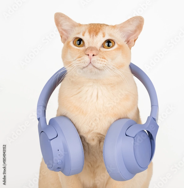 Obraz A ginger cat with wireless headphones