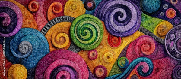 Fototapeta Organic doodle spirals wrapping bright geometric accents