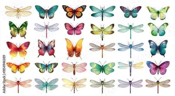 Fototapeta Natural hue vector collection of soft blending butterflies and dragonflies isolated on white background, 72 insects