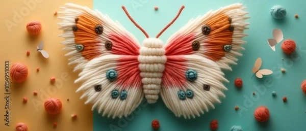 Obraz Colorful Yarn Butterfly Art on Split Yellow and Teal Background with Yarn Balls and Paper Butterflies