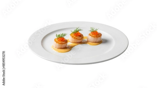 Obraz Seared scallops with salmon roe and dill on plate