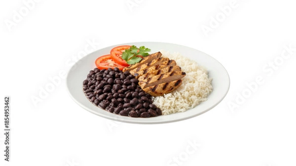 Obraz Rice beans and sliced grilled chicken with tomatoes