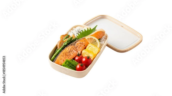 Obraz Salmon bento box with rice and vegetables