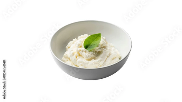 Obraz Ricotta cheese in a white bowl with basil leaf