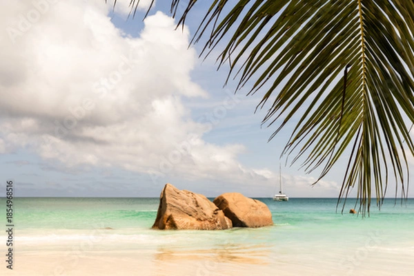 Fototapeta A tranquil tropical beach scene with palm fronds overhead