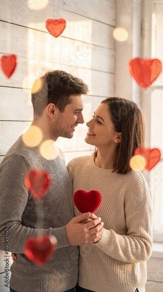 Obraz Romantic Valentine’s Day Couple Holding Heart Shape Symbol of Love, Affection and Togetherness at Home with Soft Light and Festive Atmosphere.