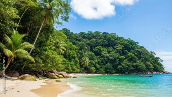 Fototapeta A serene tropical beach with palm trees and a boat in the turquoise ocean