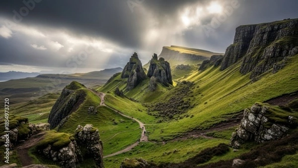 Fototapeta A dramatic landscape of the Old Man of Storr on a stormy day in Scotland