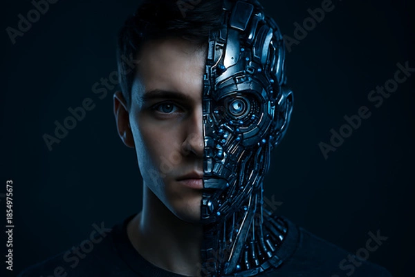 Obraz Man with robotic face half mechanical and half human looking forward