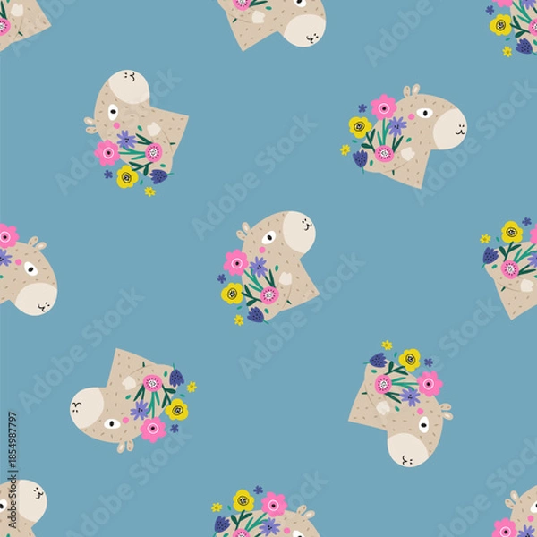 Fototapeta Floral Seamless Pattern with Cute Capybaras on Light Blue Background.