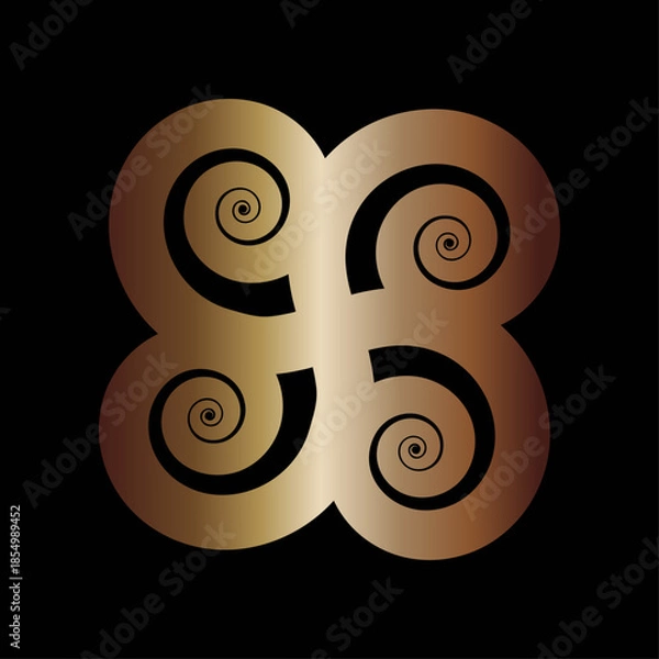 Obraz Symmetrical golden quadruple spiral logo on black. Elegant geometric vector icon for luxury branding, mystic symbols, premium graphic design, and metadata usage.