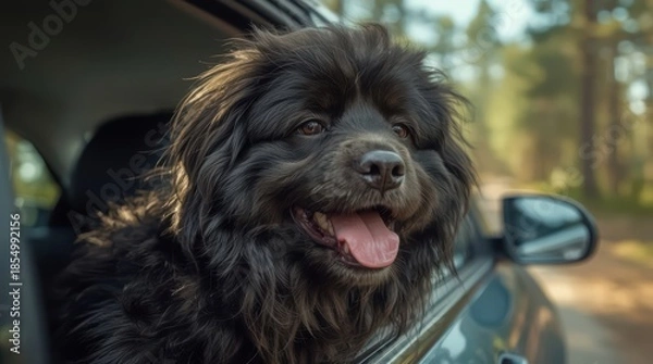 Obraz A fluffy black dog with its head out the car window enjoying a sunny day outside