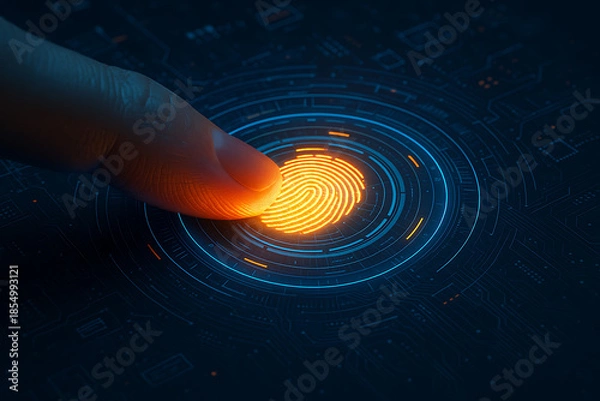 Obraz Biometric authentication with glowing fingerprint scan