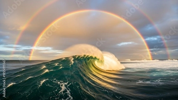 Obraz Powerful Ocean Wave with a Vibrant Double Rainbow