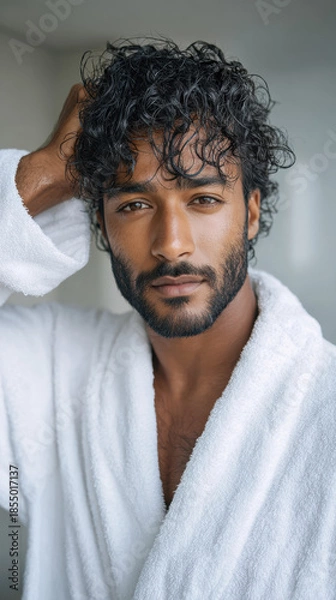 Obraz Indian people using shampoo, A man applying shampoo while standing, showcasing personal care and grooming in a natural setting.