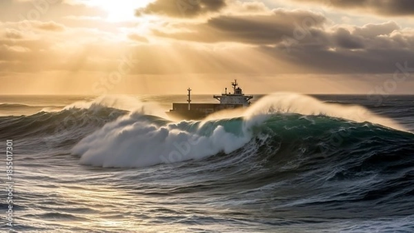 Obraz Ship Navigating Stormy Seas Under Dramatic Sunset
