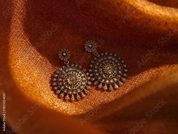 Obraz Elegant traditional earrings on orange fabric
