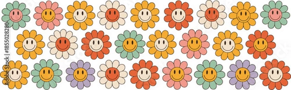 Fototapeta Retro Groovy Flower Smileys Pattern Seamless Background face