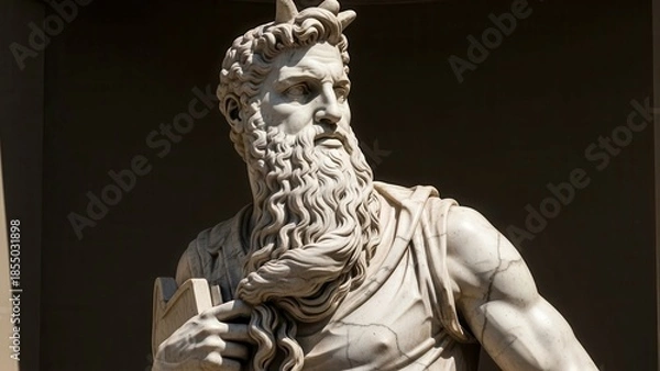 Fototapeta A close-up of a majestic marble statue of a muscular bearded man with a book