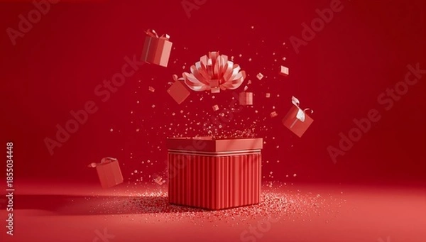 Obraz Red Gift Box with Ribbon Explosion on Transparent Background