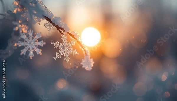 Obraz Sunset Snowflakes on Tree Branch Winter Landscape