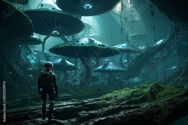 Obraz Soldiers explore a deserted alien spacecraft teeming with life.